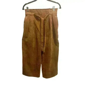 Everly - Brown wide leg corduroy lunch bag pants. Tie Waist Belt. Side Pocket.